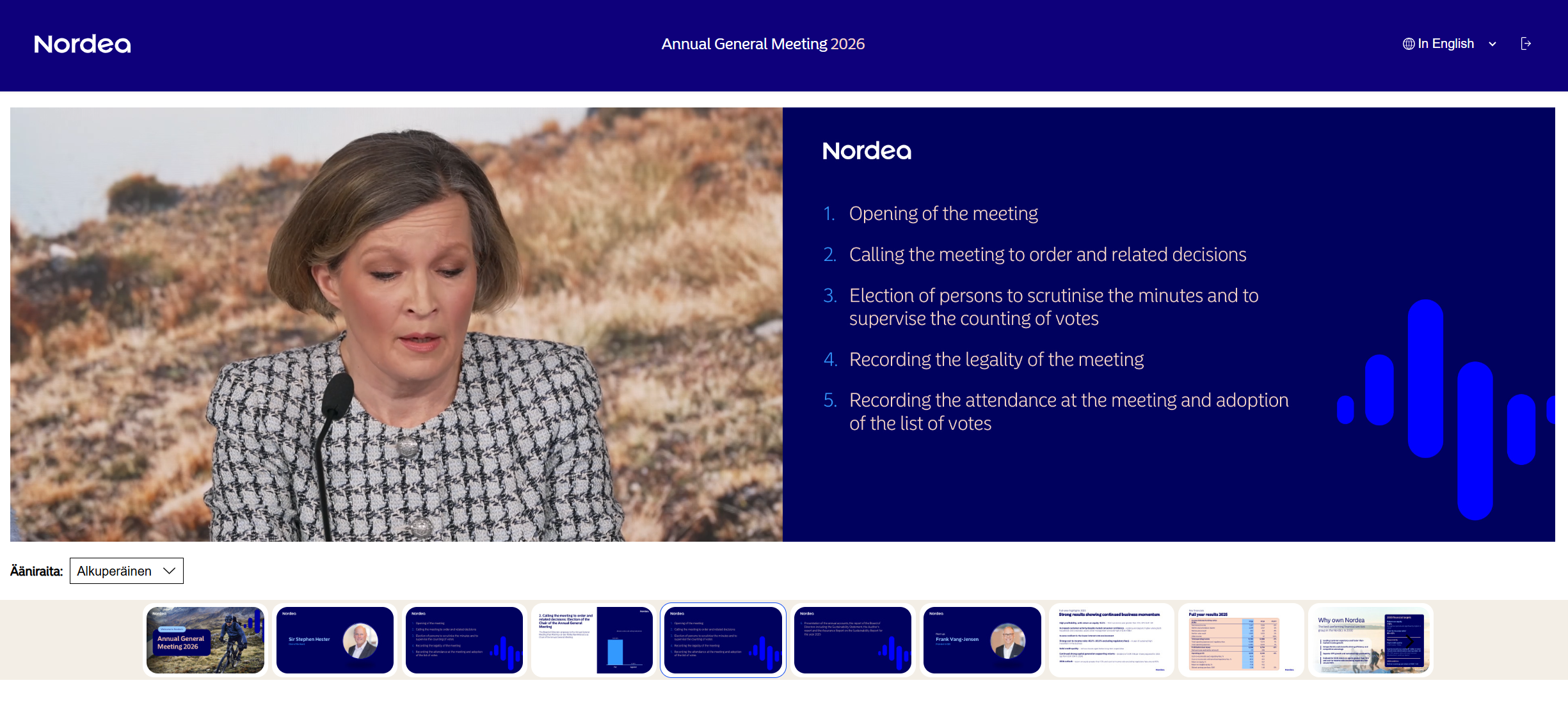 Nordea Ordinarie bolagsstämma 2026 — Videosync event page with multilingual audio channels